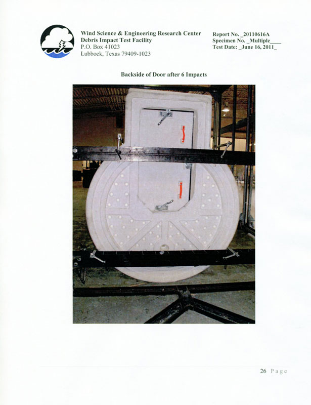 Tornado Shelter Door after 6 impacts from FEMA 320 & ICC 500 testing
